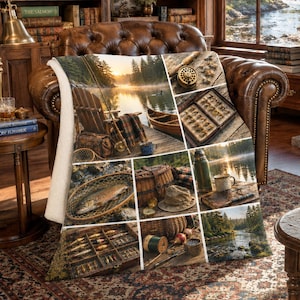 Fly Fishing Sherpa Blanket, Rustic Lake Cabin Throw, Canoe Lodge Art, Fishing Gift for Men, Retirement Gift, Cozy Woodland Fisherman Blanket