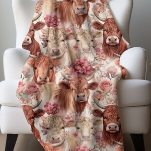 Highland Cows Soft Minky Blanket, Watercolor Farm Animal Décor, Floral Country Chic Throw, Farmhouse Décor, Boho Cow Art, Cozy Bedroom Decor