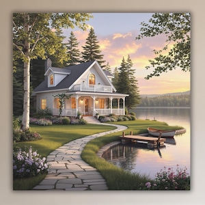 Lake House Canvas Wall Art, Cozy Cottage Decor, Lakeside Cabin at Sunset Art, Waterfront Vacation Home Artwork, Calm Nature Landscape Print