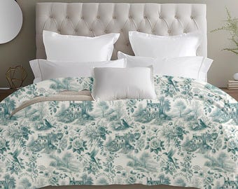 Teal Toile Countryside Duvet Cover, Vintage French Farmhouse Bedding, Romantic Chateau Duvet Art, Garden Cottage Bedroom Decor, Floral Duvet