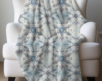 Snow Blanket, Cozy Snowflake Minky Blanket, Winter Wonderland Soft Throw, Warm Icy Blue White Holiday Blanket, Romantic Winter Cabin Blanket