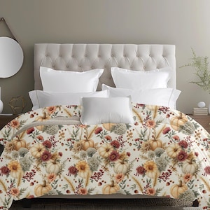 Country Harvest Pumpkin and Floral Duvet Cover, Autumn Farmhouse Bedding, Cottage Fall Bedroom, Rustic Fall Duvet, Thanksgiving Home Decor