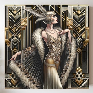 Art Deco Canvas Wall Art, 1920s Flapper Woman, Gatsby Inspired Home Décor, Roaring Twenties Room Décor, Vintage Hollywood Fine Line Artwork