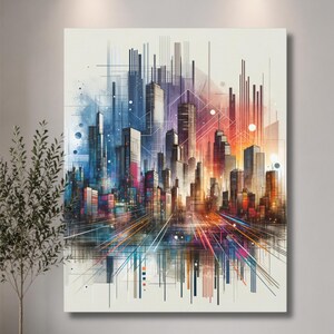 May include: A rectangular wall art print featuring a stylized cityscape with tall skyscrapers rendered in vibrant shades of blue, orange, and red. The composition includes sharp vertical lines and light streaks that create a sense of motion.