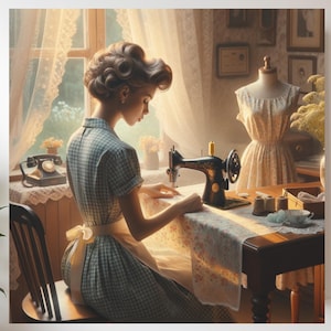 May include: A vintage-style artwork depicts a woman sewing at a table with a black sewing machine. She wears a blue and white checkered dress and apron. The scene is set in a room with a window, lace curtains, and a dress form.
