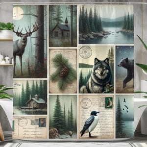 Rideau de douche animalier rustique Cottage Lodge, art de salle de bain animaux de la forêt, décoration de cabane vintage ours loup, art de bain carte postale nature en plein air