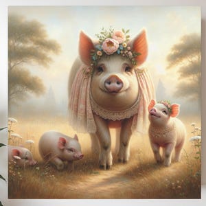 Whimsical Mama Pig with Piglets, Vintage Farm Animal Wall Art, Farm Nursery Décor, Baby Pigs Art, Country Farmhouse Art, Pig Art for Kitchen
