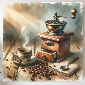 May include: A watercolour painting depicting a coffee grinder, a cup of coffee and coffee beans on a wooden table. The grinder is made of wood and metal and has a crank handle. The cup of coffee is white and has steam rising from it. The coffee beans are brown and are scattered around the cup and grinder.