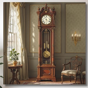 May include: A tall, dark wood grandfather clock featuring an ornate pediment, a white clock face with black Roman numerals, and a glass-paneled door revealing a brass pendulum and three hanging weights. The clock stands on a rectangular base.