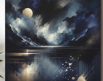Midnight Gold Moon Abstract Wall Art, Moody Cosmic Night Sky Canvas Art, Moonlight Reflection Art, Navy Blue Mountain Lake Print, Gothic Art