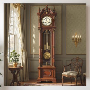 Grandfather Clock Canvas Wall Art, Victorian Grandfather Clock Décor, Antique Mahogany Clock Statement Piece, Historic Painterly Clock Art