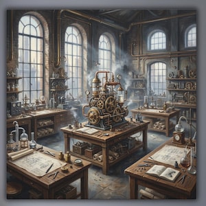 May include: A large wall art print depicting a detailed laboratory scene with wooden workbenches, complex brass machinery with gears, glass beakers, and scientific diagrams. The room features tall arched windows, shelves filled with equipment, and a smoky atmosphere, creating a technical and industrial visual composition.