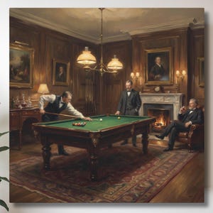 May include: An oil painting depicts a billiards room with three men playing pool. The room features a green felt pool table, a fireplace, and portraits on the wood-paneled walls. The lighting is provided by lamps and chandeliers.