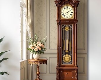 Victorian Grandfather Clock Canvas Wall Art, Vintage Vertical Clock Artwork, Library Study Parlor Home Décor, Antique Clock Art, Clock Decor