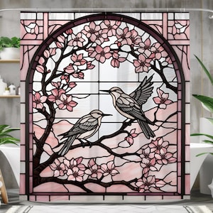 Japanese Cherry Blossom Shower Curtain, Elegant Pink Floral Bathroom Décor, Birds in Cherry Tree, Sakura Shower Curtain, Asian Inspired Art