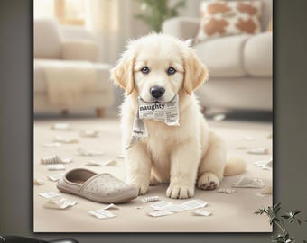 Golden Retriever Art, Golden Puppy Chewing Newspaper Canvas Wall Art, Dog Lover Home Décor Gift, Fur Baby Puppy Art, Funny Retriever Art