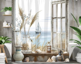 Boho Ocean View Shower Curtain, Nautical Chic Bath Curtain, Bohemian Beach Décor, Boho Sea Scape Design, Coastal Charm Bathroom Art Decor