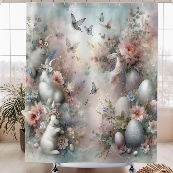 Easter Elegance Bathroom Shower Curtain, Spring Garden Bathroom Accessory, Romantic Floral Fantasy Bunny Shower Decor, Springtime Makeover