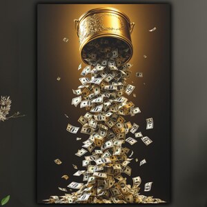 Money Canvas Wall Art, Luxury Gold Bucket Cash Print, Motivational Money Art, Wealth Abundance Art, Executive Office Art, Falling Money Art