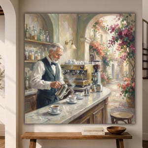 Mediterranean Cafe Canvas Wall Art, Vintage Coffee Barista Artwork, Italian Kitchen Decor, European Floral Coffee Shop, Kitchen Décor Art