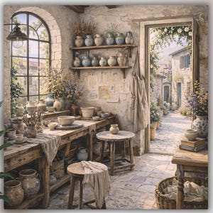 May include: A pottery studio interior featuring wooden workbenches, shelves filled with ceramic vases and bowls, a small round stool with a draped cloth, a hanging apron, and an arched window looking out onto a stone-paved village path.