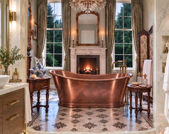 Victorian Copper Bathtub Shower Curtain, Vintage Bathroom Shower Art, Luxury Antique Bathroom Décor, Elegant English Country Bath Curtain
