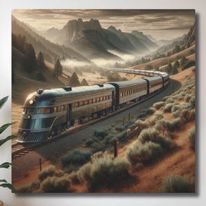 May include: A dark green vintage-style passenger train travels along tracks through a mountainous landscape. The scene features rolling hills covered in low-lying shrubs, a misty valley, and jagged mountain peaks under a soft, overcast sky.