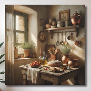May include: A rustic kitchen scene featuring a wooden table with a loaf of bread, a bowl of tomatoes, and glass bottles. A shelf above holds copper pots, ceramic bowls, and a pitcher. A window with sheer curtains lets in light.