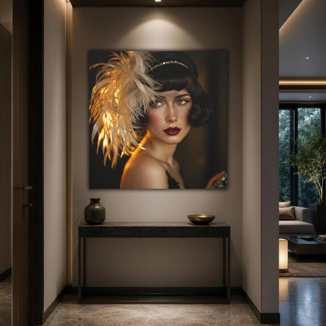 1920s Art Deco Flapper Portrait Canvas Wall Art, Vintage Speakeasy ...