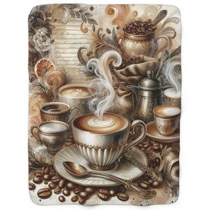 May include: A vintage-style illustration of a coffee scene with steaming cups of coffee, a coffee pot, a bag of coffee beans, and a jar of coffee beans. The illustration is in warm tones of brown, beige, and gold.