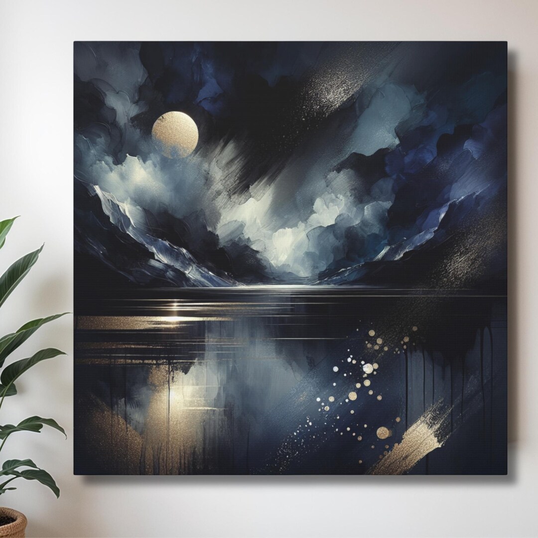 Midnight Gold Moon Abstract Wall Art, Moody Cosmic Night Sky Canvas Art ...