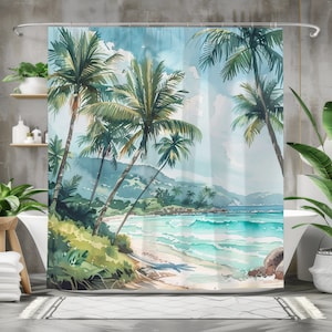 May include: A watercolour painting of a tropical beach scene with palm trees, turquoise water, and white sand. The painting is in a light blue, green, and white colour scheme.