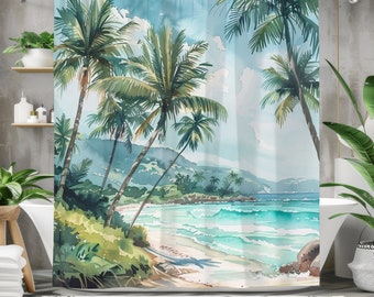 Tropical Beach Oasis Shower Curtain, Watercolor Ocean Décor, Island Style Bathroom, Coastal Vibes, Palm Tree Beach Vibes, Housewarming Gift