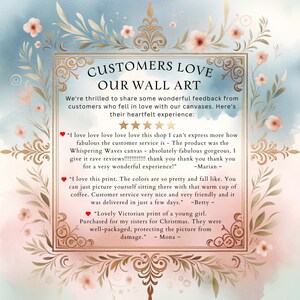 May include: A rectangular graphic featuring a gold ornate border with floral accents on a soft blue and pink watercolor background. The text reads CUSTOMERS LOVE OUR WALL ART followed by three customer reviews and five gold star icons.