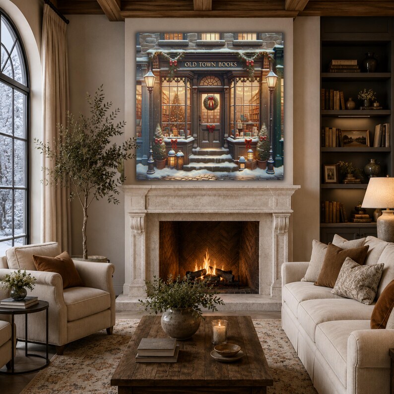May include: A square wall art print depicting a snow-covered storefront labeled OLD TOWN BOOKS, featuring warm interior lighting, a Christmas wreath on the door, decorated potted trees, and two street lamps, all set against a dark, wintry evening.