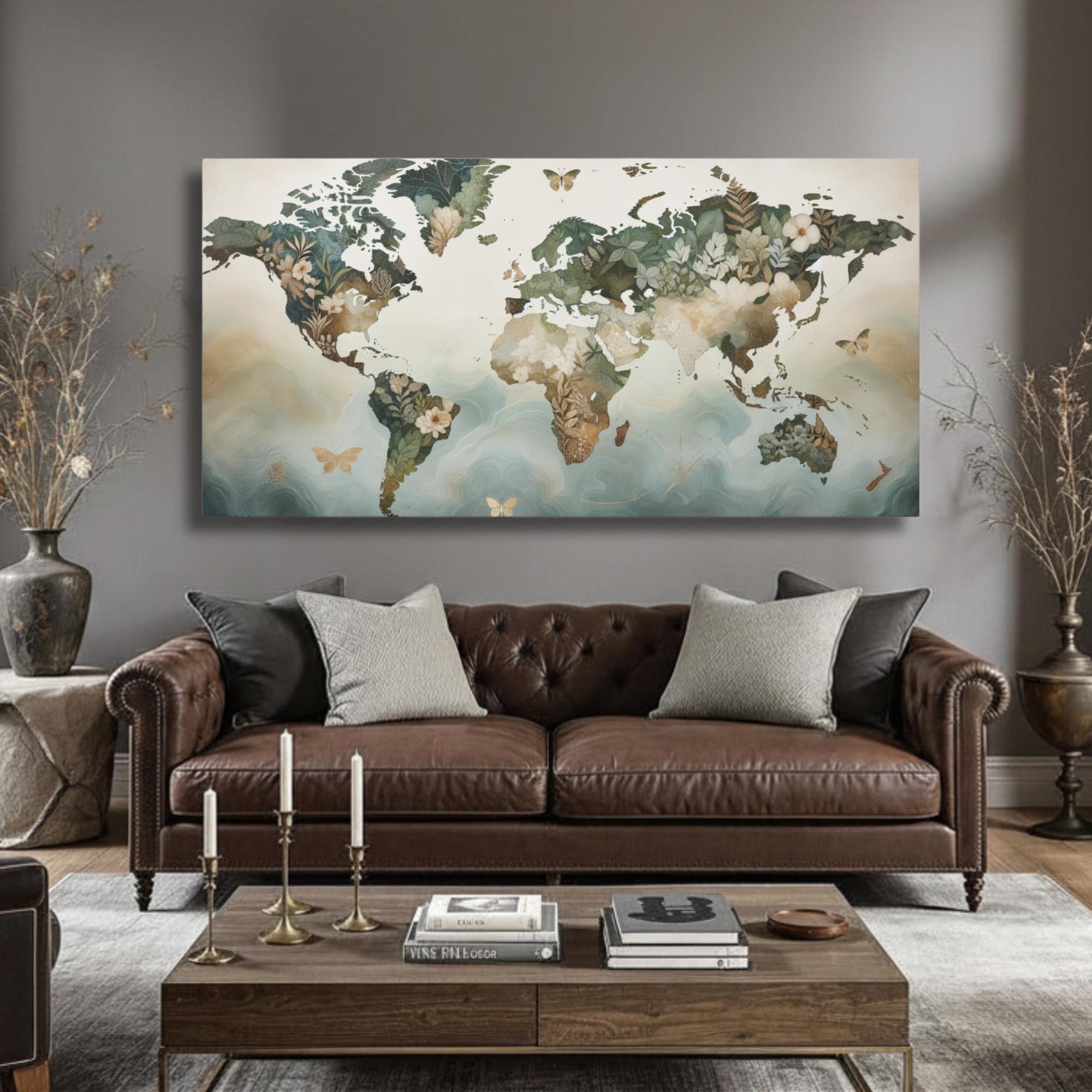 Botanical World Map Canvas Wall Art, Neutral Travel Decor, Luxury World ...