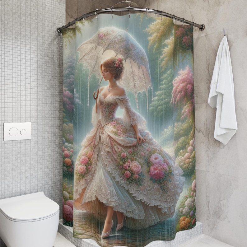 Romantic Victorian Garden Lady in Rain Shower Curtain, Elegant Coquette Bathroom Design, Shabby Chic Home Décor, Bathroom Transformation Art image 3