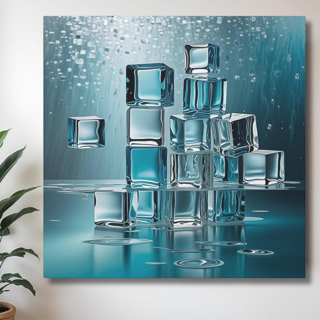 Blue Ice Cube Abstract Wall Art, Modern Glass Water Canvas Décor, Aqua