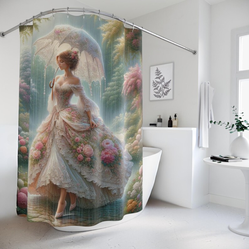 Romantic Victorian Garden Lady in Rain Shower Curtain, Elegant Coquette Bathroom Design, Shabby Chic Home Décor, Bathroom Transformation Art image 2