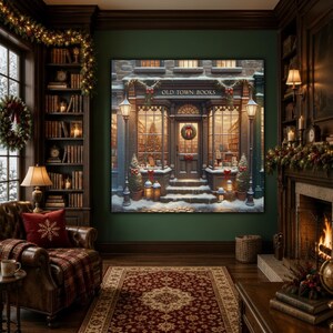 May include: A large square wall art print depicting a snowy storefront labeled Old Town Books, featuring glass windows, a central door with a wreath, and festive holiday decorations, displayed in a cozy room with a fireplace and bookshelves.