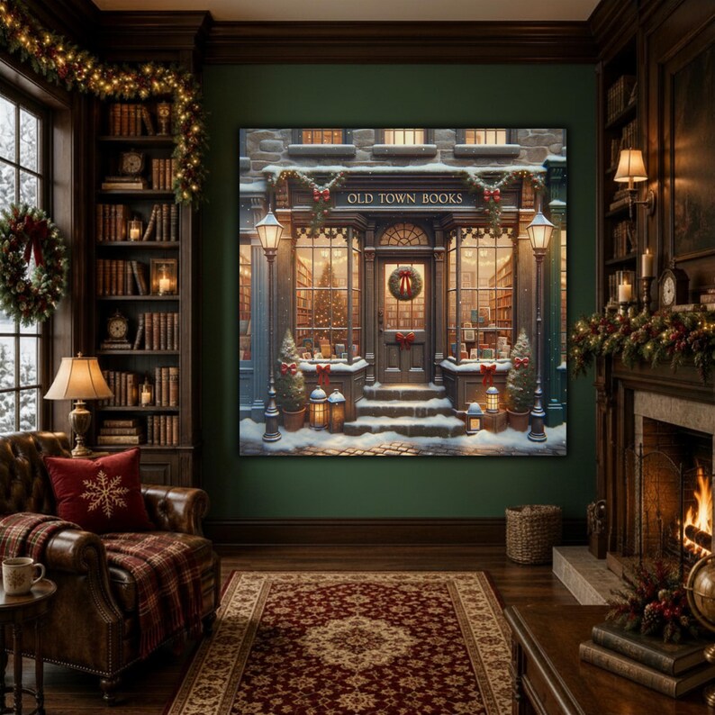 May include: A large square wall art print depicting a snowy storefront labeled Old Town Books, featuring glass windows, a central door with a wreath, and festive holiday decorations, displayed in a cozy room with a fireplace and bookshelves.