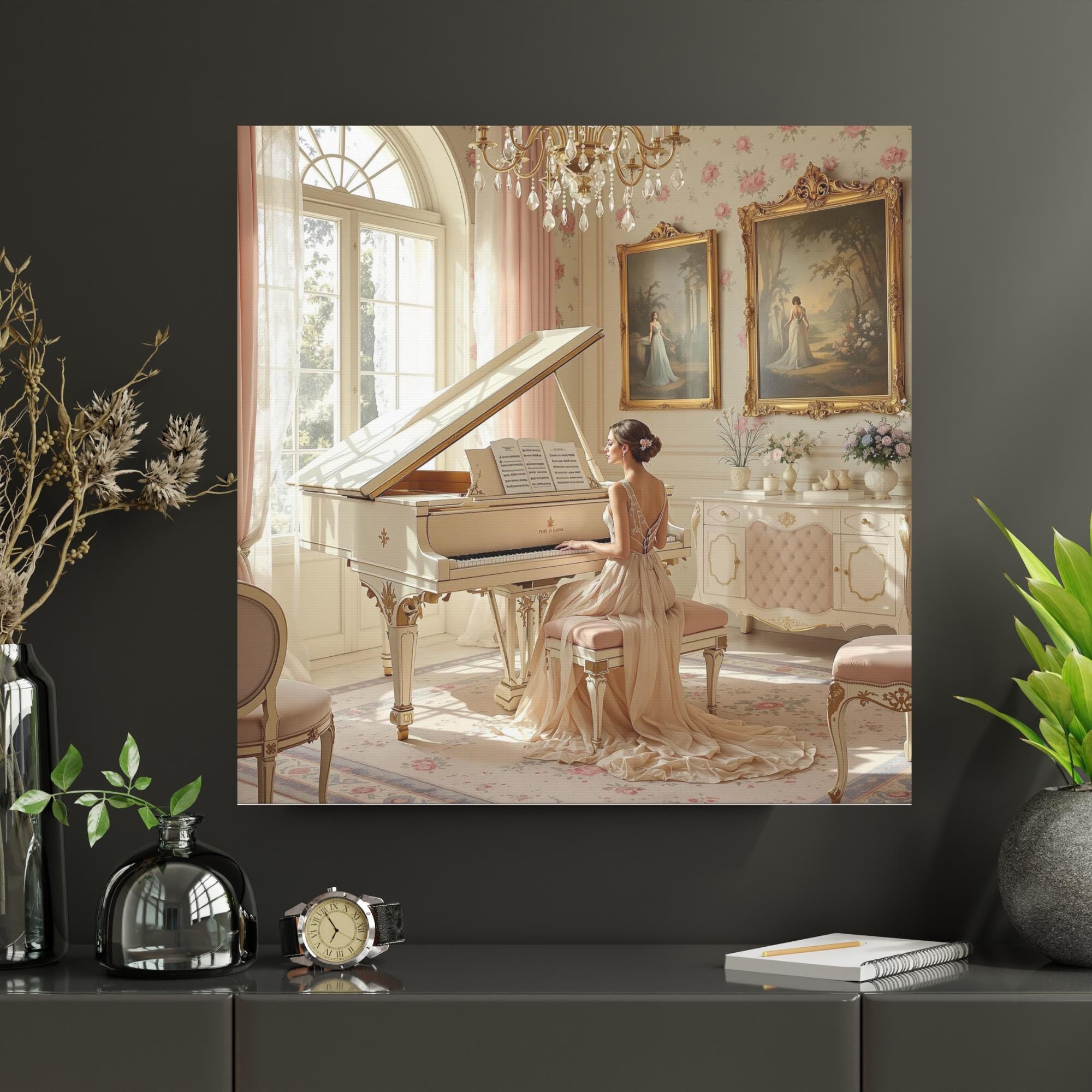 Victorian Grand Piano Canvas Wall Art, Woman Playing Piano in Flowing ...