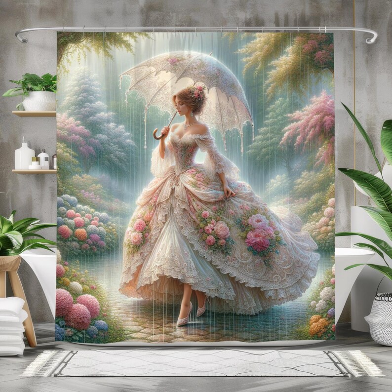May include: A woman in a white lace dress with floral accents stands in a garden setting. She holds a white umbrella and is surrounded by lush greenery and flowers. The scene is painted in a romantic style with soft colors and a dreamy atmosphere.