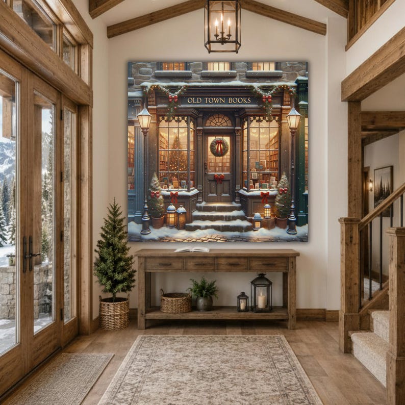 May include: A square wall art print depicting a snowy storefront labeled OLD TOWN BOOKS, featuring large display windows, a central door with a wreath, glowing lanterns, and festive holiday decorations in a warm, inviting winter setting.