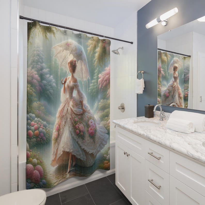 May include: A shower curtain featuring a woman in a white dress holding a white umbrella, standing in a garden with flowers and greenery. The background is a soft blue and green.