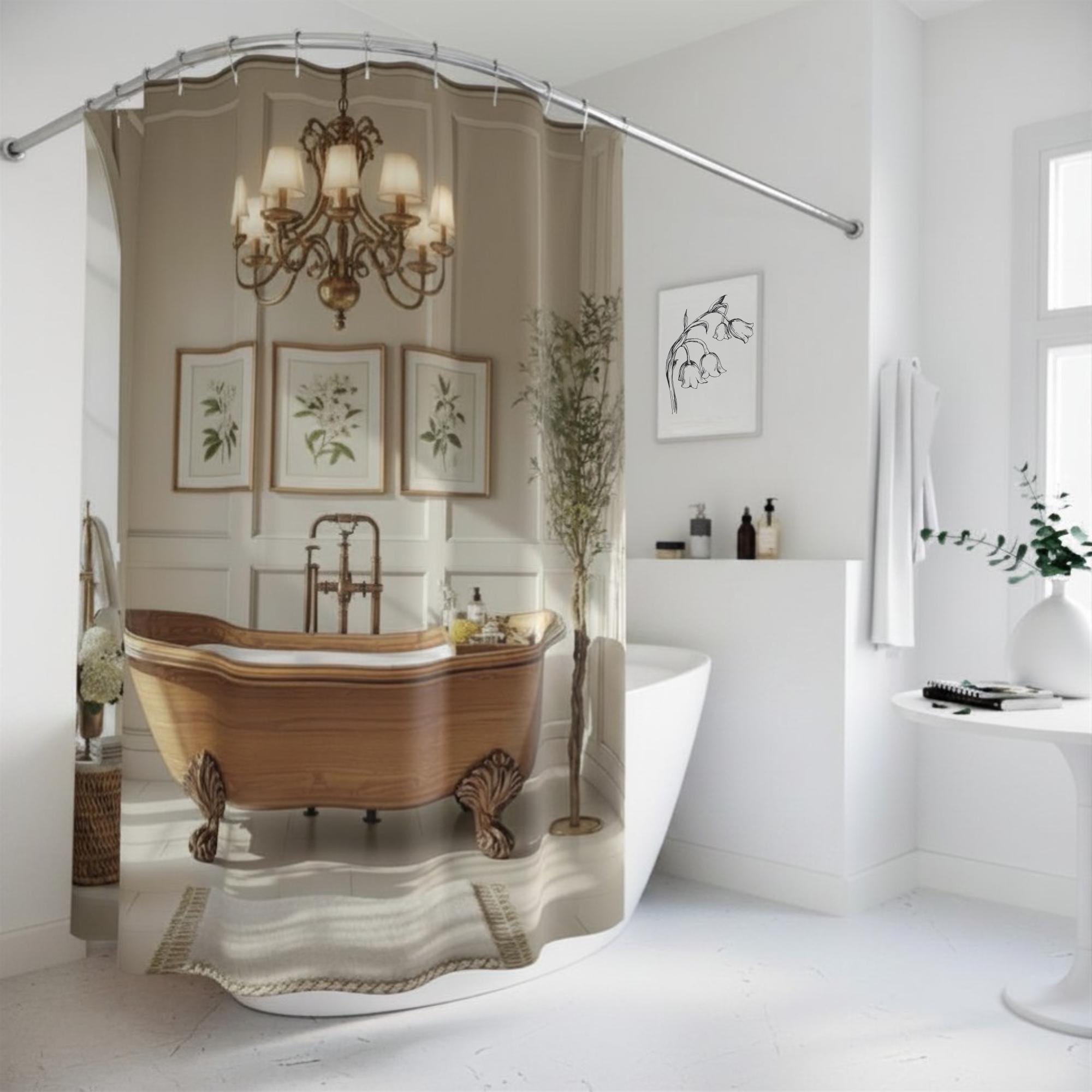 Wooden Clawfoot Bathtub Shower Curtain, Vintage Farmhouse Bathroom