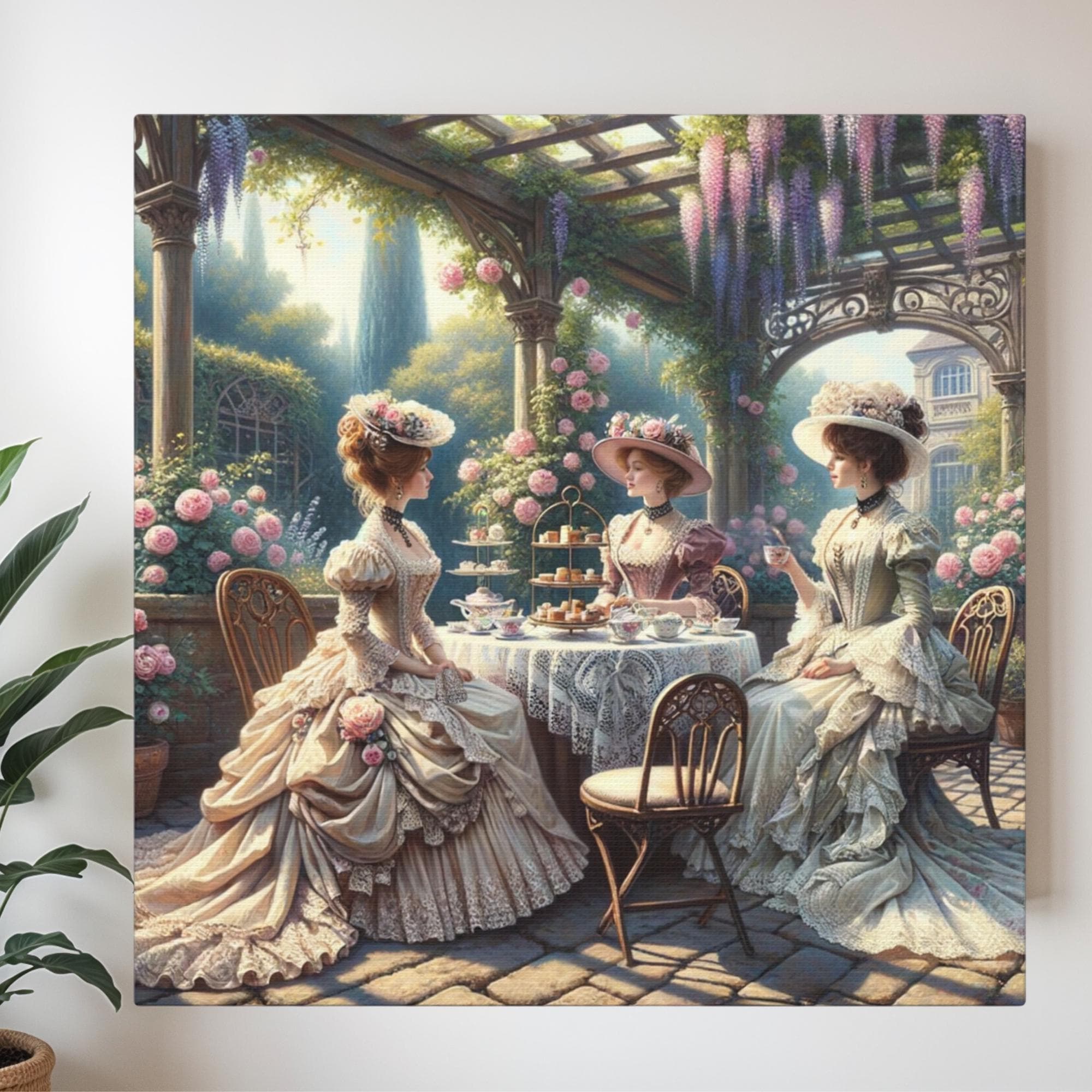 Victorian Garden Tea Party Canvas Wall Art, Romantic Illustrated