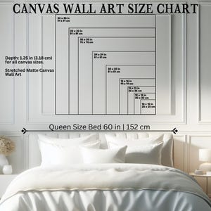 May include: A canvas wall art size chart displaying dimensions from 10x10 inches to 36x36 inches with a depth of 1.25 inches. The chart is positioned above a bed, with a reference line indicating a queen size bed width of 60 inches.