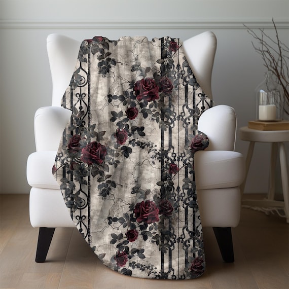 Victorian Gothic Garden Soft Minky Blanket, Gothic Floral Pattern Throw, Elegant Home Décor, Dark Elegance Blanket, Gothic Botanical Blanket