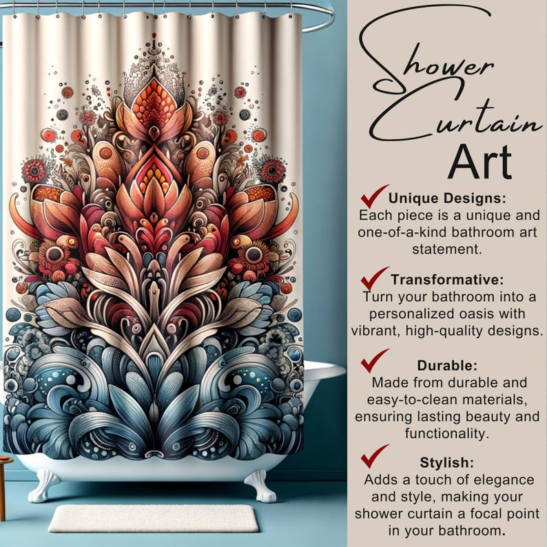 May include: A shower curtain with a colorful, abstract floral design. The design features a variety of colors, including red, orange, yellow, blue, and green. The shower curtain is made of a durable and easy-to-clean material.  "Shower Curtain Art" is written in the upper right corner of the image.  "Unique Designs: Each piece is a unique and one-of-a-kind bathroom art statement."  "Transformative: Turn your bathroom into a personalized oasis with vibrant, high-quality designs."  "Durable: Made from durable and easy-to-clean materials, ensuring lasting beauty and functionality."  "Stylish: Adds a touch of elegance and style, making your shower curtain a focal point in your bathroom."